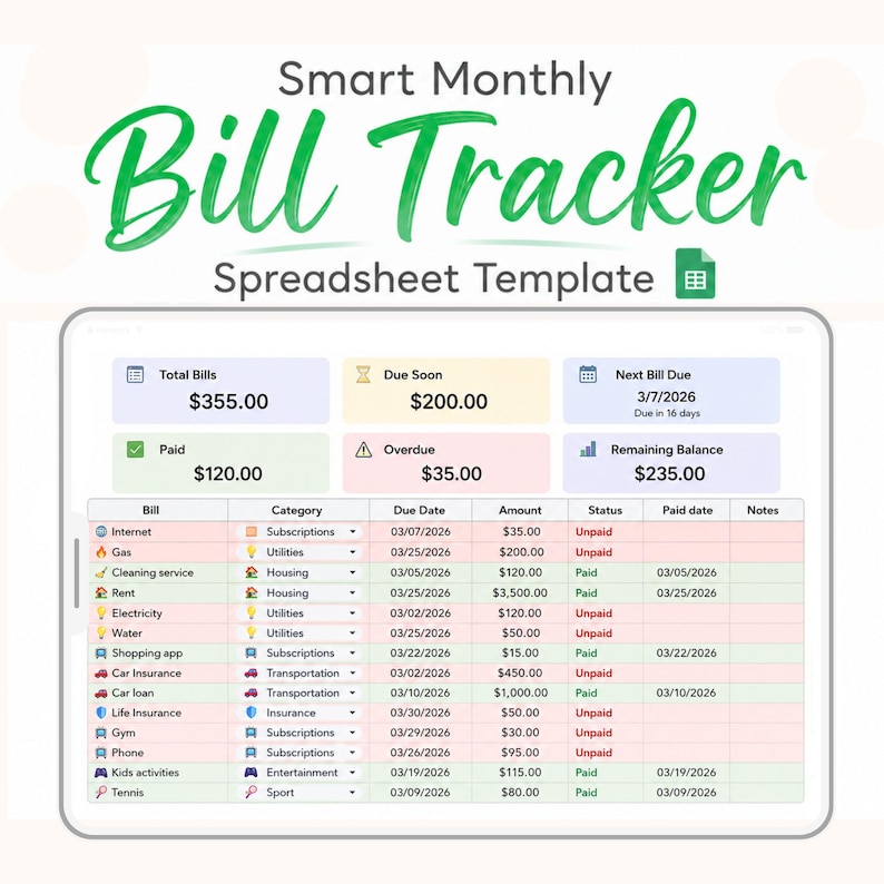 Gestor de facturas - Plantilla de hoja de cálculo de presupuesto mensual - Seguimiento de facturas mensuales - Calendario de facturas - Planificador de presupuesto de Google Sheets - Seguimiento financiero imagen 1