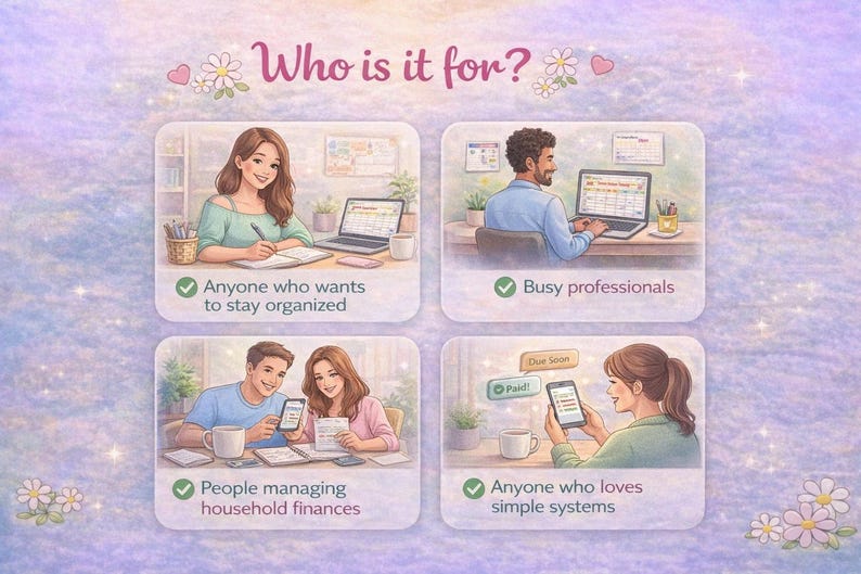 May include: An illustrated graphic with the text "Who is it for?" features four panels depicting people using laptops and smartphones. Captions include "Anyone who wants to stay organised," "Busy professionals," "People managing household finances," and "Anyone who loves simple systems."