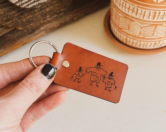 Two Sided Leather Keychain with Kids Art Engraving