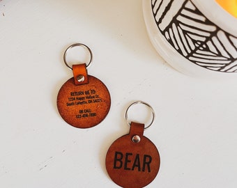 Two Sided Dog ID Tag with Address, Leather Dog Tag with Address, Pet ID Tag with Address