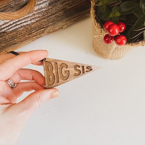 Big Sis/Lil Sis Ornament: Walnut Plywood Pennant, Baby Announcement