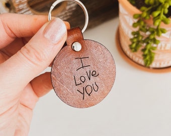 Handwriting Engraved on Leather Keychain, Mothers Day or Fathers Day Gift with Kids Handwriting, Custom Keychain