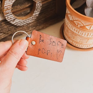 Kids Handwriting Keychain, Custom Engraved Leather Keychain