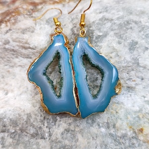 Geode Earring 67.15 Ct Natural Agate Gold Fashion Druzy Dangle Earrings Gemstone Drop Earrings Sliced Earrings Druzy Raw Stone