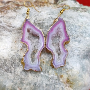 Geode Earring 72.10 Ct Natural Agate Gold Fashion Druzy Dangle Earrings Gemstone Drop Earrings Sliced Earrings Druzy Raw Stone
