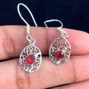 Red Zircon Stone Oval Shape Drop Earrings, Handmade Floral Jaali Work Jewelry, Gift for Her