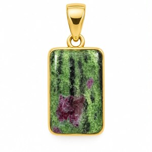 May include: A rectangular pendant featuring a polished zoisite stone with vibrant green, black, and magenta inclusions, encased in a smooth gold-toned metal frame with a matching gold-toned bail at the top for attachment to a chain or cord.