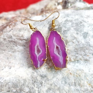 Geode Earring 45.70 Ct Natural Agate Gold Fashion Druzy Dangle Earrings Gemstone Drop Earrings Sliced Earrings Druzy Raw Stone