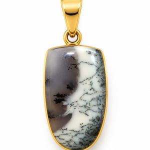 May include: A gold pendant featuring a smooth, shield-shaped dendritic agate stone. The stone displays a white and translucent grey background with dark, branching, fern-like inclusions. The pendant is encased in a polished gold metal frame.