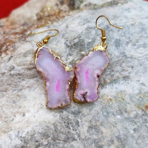 Geode Earring 56.85 Ct Natural Agate Gold Fashion Druzy Dangle Earrings Gemstone Drop Earrings Sliced Earrings Druzy Raw Stone