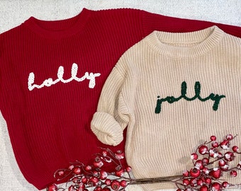 CHRISTMAS Holly Jolly hand embroidered OVERSIZED sweater