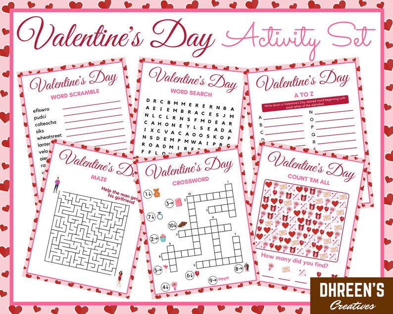 Valentine's Day Activity Set Printable Activities For Kids And Adults Valentines Day Party Pack Valentine's Day Games Instant Download image 1