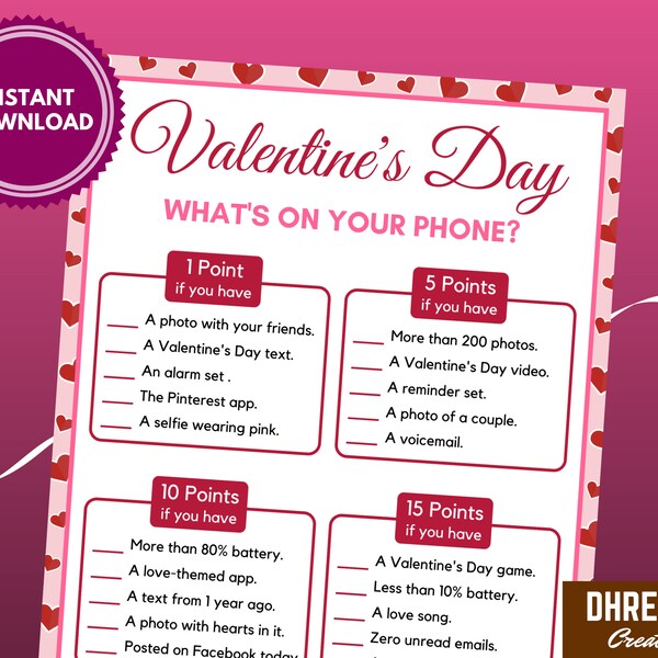 Valentine's Day What's On Your Phone - Printable Game For Kids And Adults - Valentines Day Zoom Party Game - Valentine's Day Activity