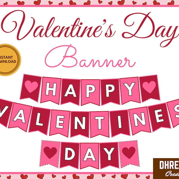 Happy Valentine's Day Banner Printable Instant Download - Valentines Day Banner Flags - Valentines Day Pink Banner