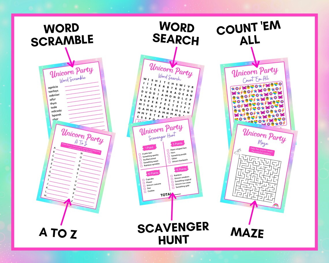 Unicorn Party Games 6 Printable Unicorn Games for Kids Unicorn Birthday