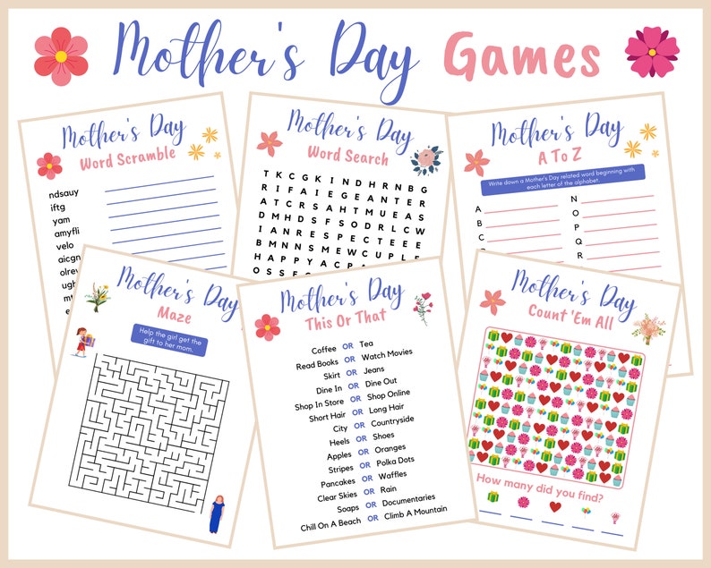 Mother's Day Games 6 Printable Games For Kids And Adults Mother's Day Zoom Party Pack Mother's Day Activities Instant Download image 1