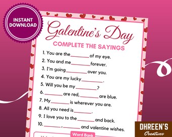 Galentine's Day Complete The Sayings - Printable Game For Kids And Adults - Galentines Day Zoom Party Game - Galentine's Day Trivia