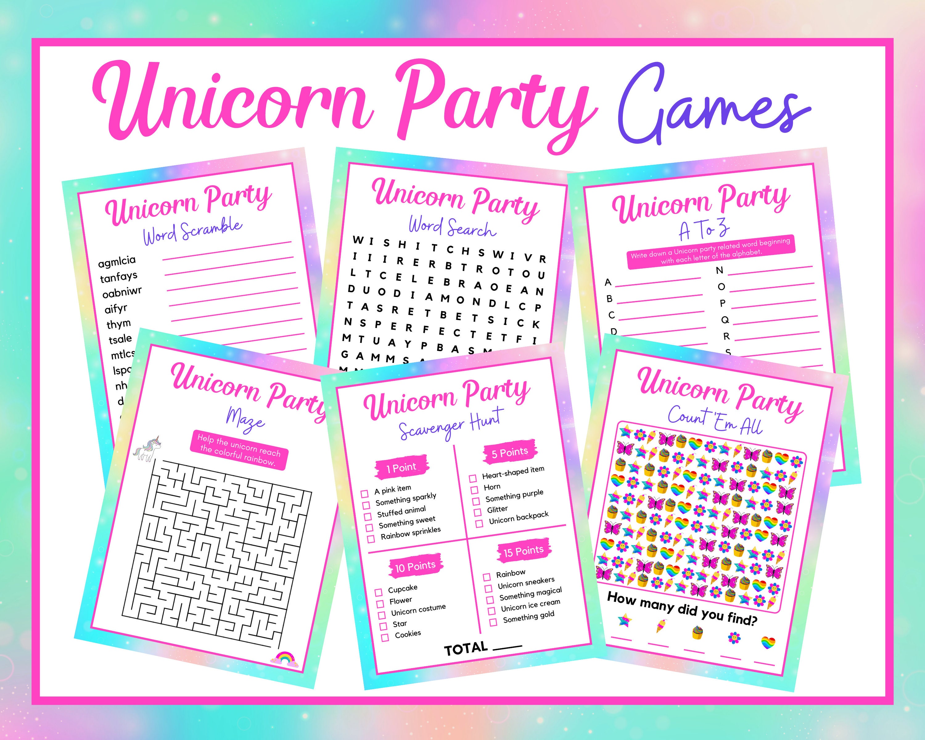 Unicorn Party Games 6 Printable Unicorn Games for Kids Unicorn Birthday Party Zoom Games Pack