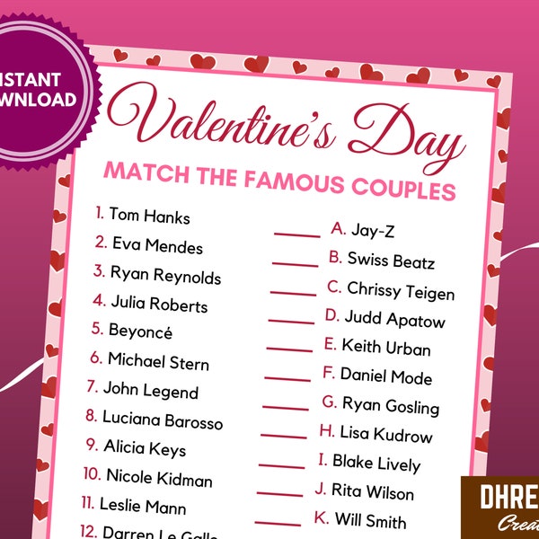 Valentine's Day Match The Famous Couples - Printable Game For Kids And Adults - Valentines Day Zoom Party Game - Valentine's Day Activity