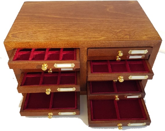CAP16. ZECCHI. Small wooden coin coin with 16 Drawers for Ancient Coins, velvet lining. Wooden Coin Cabinet