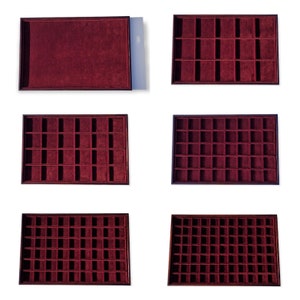Display tray for ancient and modern coins. Interior lined in burgundy velvet. Code 301S 315S 324S 340S 354S 377S