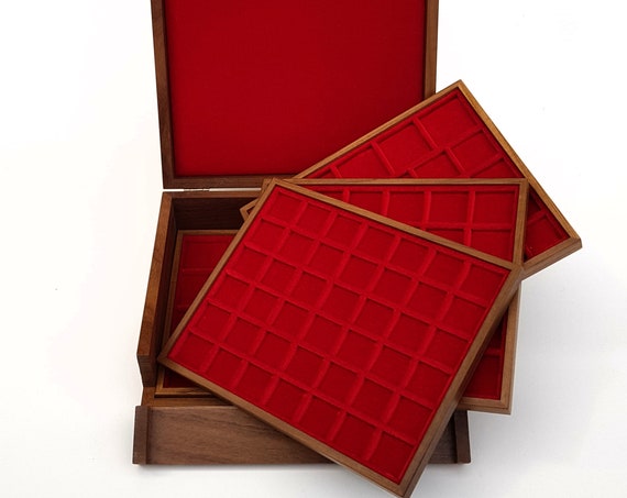 art.BAL04. ZECCHI. Prezioso Astuccio Medio con 4 Vassoi per Monete Wooden coin box with 4 trays. Coins tray case. Coin display case