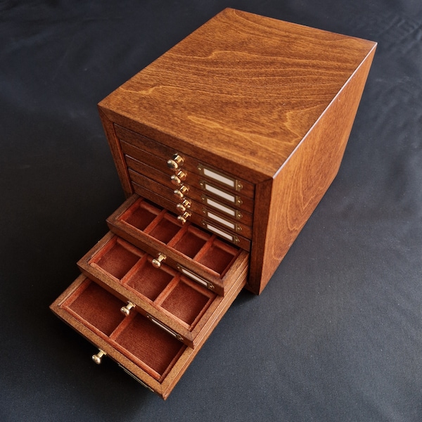 Art. CAP08 Wooden coin cabinet for ancient coins, gold, silver. Coin Cabinet, 8 drawers. Velvet Trays for coins. Antique, Greek, Roman coins