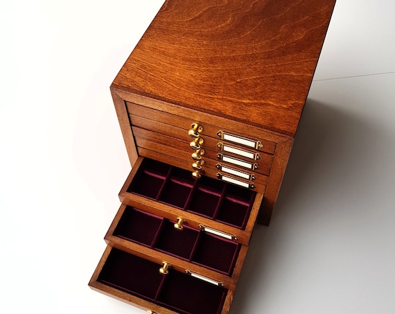 Art. CAP08 Wooden coins for antique coins, gold, silver. Coin Cabinet, 8 drawers. Velvet Trays for coins. Antique, Roman coins,Greek