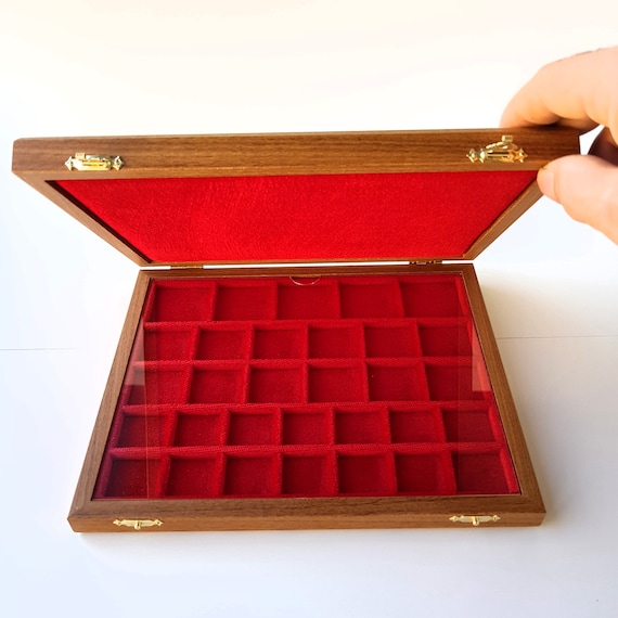 Art. ALMMIX Astuccio ZECCHI Cofanetto per Monete in Legno Massello e Velluto Wooden Coin Case Coin Storage Box Solid Wood Coin Display Box