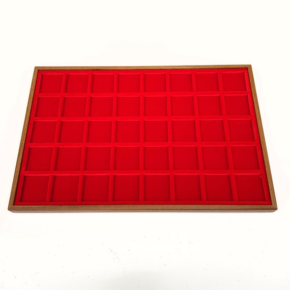 Art. VAG340  Vassoio numismatico per MONETE realizzato in legno e velluto. 40 squares 35 x 35 mm. Wood and velvet coin tray cabinet