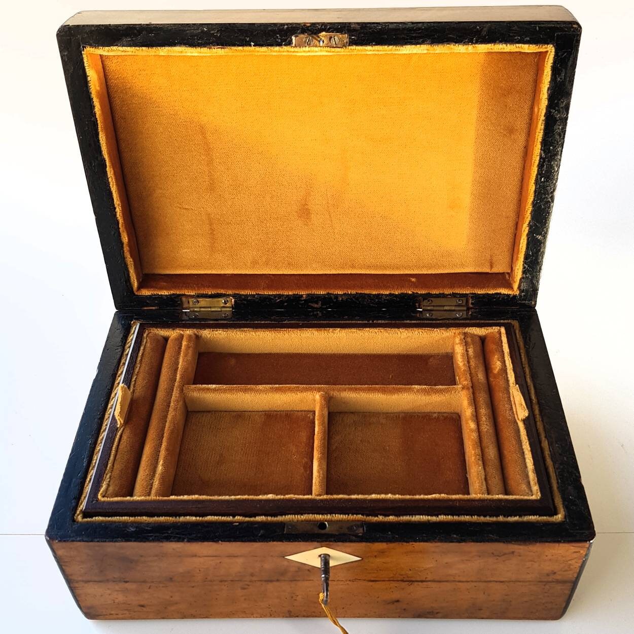 Antique Victorian Jewellery box with inlaid on the top and in front at key.