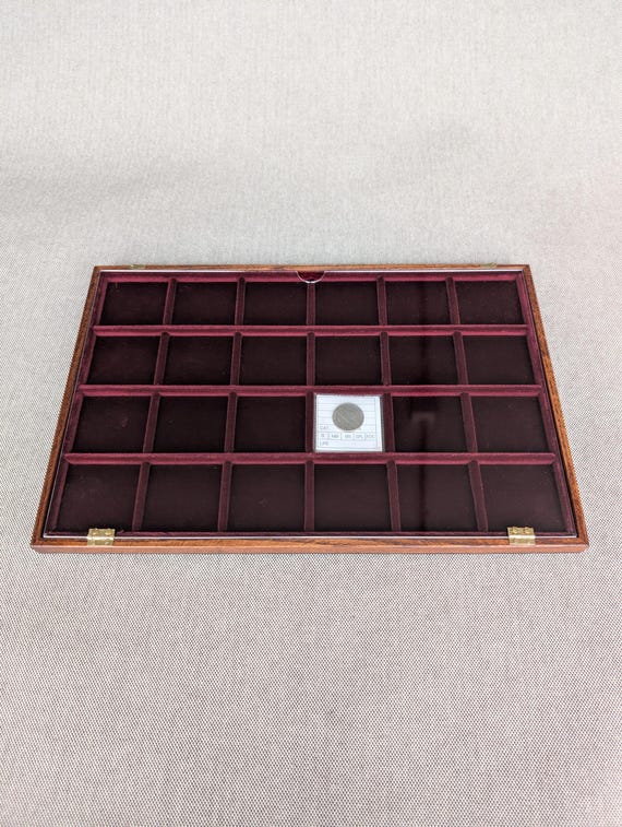 Wooden Coin Display Tray with Beige Velvet, Numismatic tray by ZECCHI, Compartment Showcase for Ancient Coins | Handcrafted