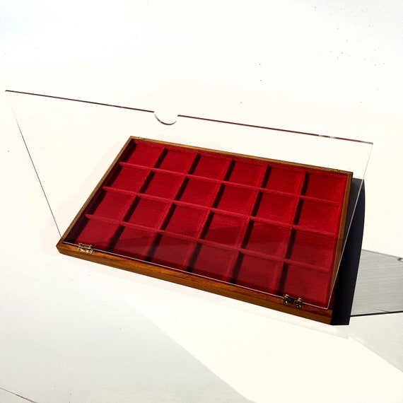 Art. VAG324P Vassoio per MONETE con plexiglass, realizzato in legno e velluto. 24 squares 47 x 47 mm. Wood and velvet coin tray cabinet