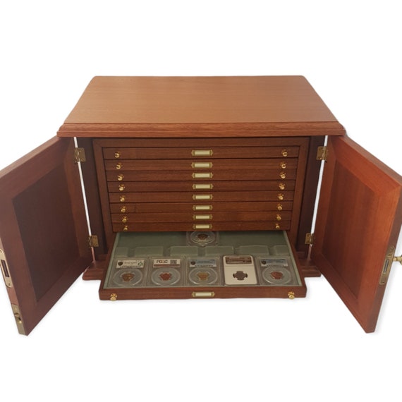 Art. CAS09S Mahogany cabinet for coins certified in Slab NGC PCGS 9 drawers for 90 Slab