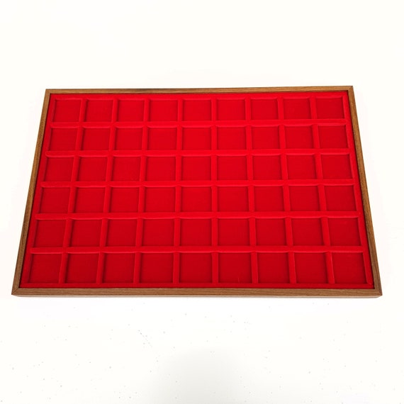 Art. VAG354  Vassoio numismatico per MONETE realizzato in legno e velluto. 54 squares 30 x 30 mm. Wood and velvet coin tray cabinet