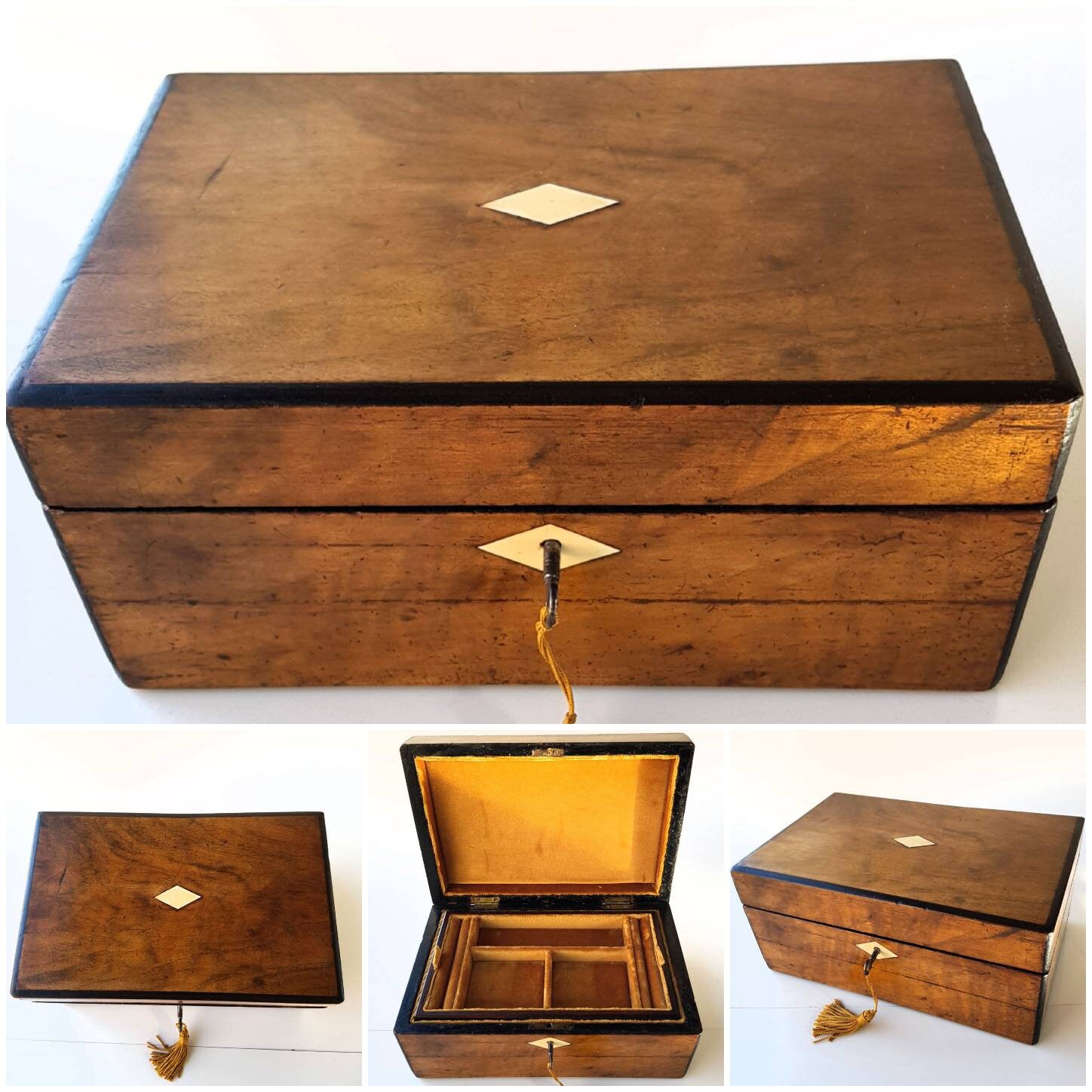 Antique Victorian Jewellery box with inlaid on the top and in front at key.