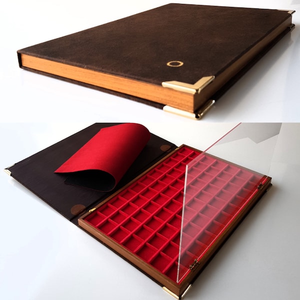 Großes Modell-Federmäppchen von ZECCHI aus Holz und Samt. Großes Tablettbuch für Münzen, hergestellt von ZECCHI