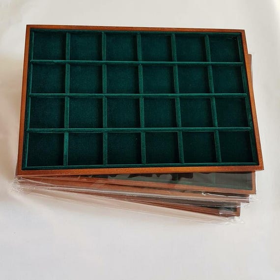 Display tray for ancient and modern coins. Interior lined in burgundy velvet. Code 301S 315S 324S 340S 354S 377S