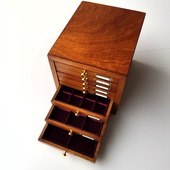 Art. CAP08 Wooden coin boxes for ancient coins, gold, silver. Coin Cabinet, 8 drawers. Velvet trays for coins. Antique, Roman coins, Greek