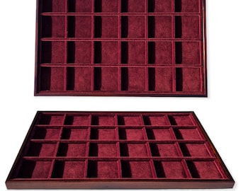 Muntendisplaybak van hout en bordeauxrood fluweel, Numismatische artikelen van ZECCHI, Muntendisplaybak, Muntendisplay met doosjes