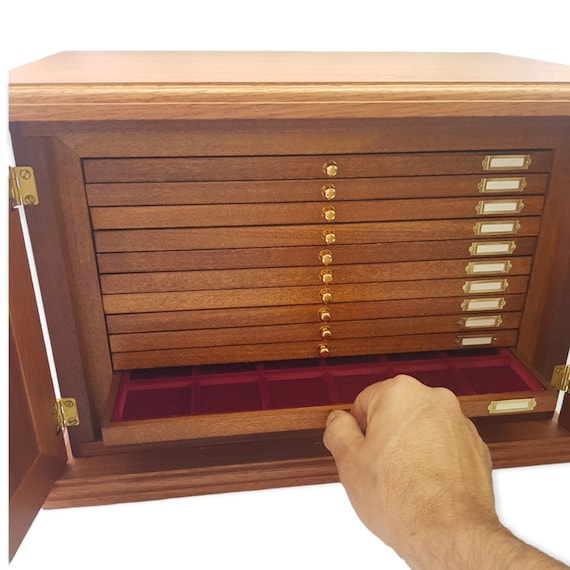 Mahogany coin cabinet with 12 drawers for ancient gold, silver, Roman, Greek, and modern coins