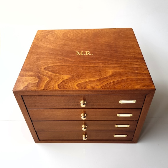 Cufflinks storage box 3 drawers for 75 pairs plus 1 drawer for jewelry and watches Box for twins watches and jewelry. 4 luxury drawers