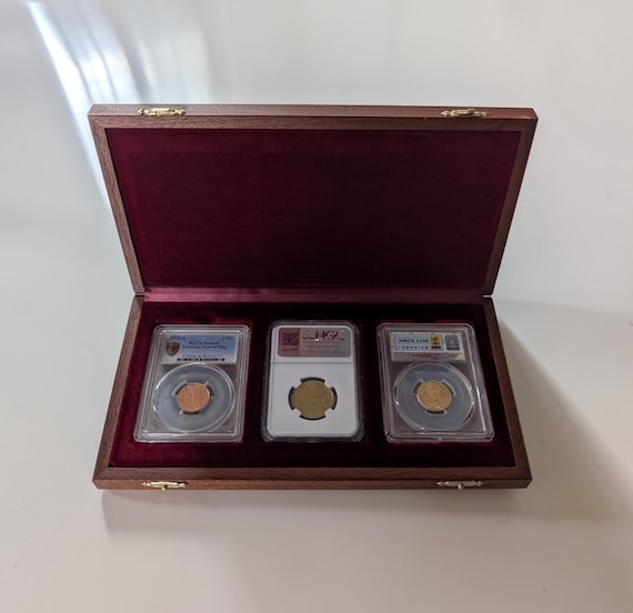 Solid Mahogany Coin Display Case for 3 NGC PCGS Slabs | Wooden Graded Coin Storage Box Holder | Handcrafted Numismatic Gift