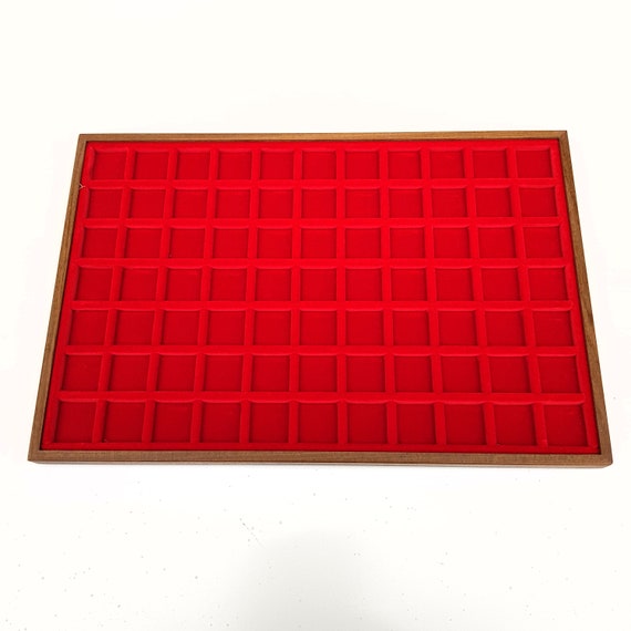 Art. VAG377 Vassoio numismatico per MONETE realizzato in legno e velluto. 77 squares 25 x 25 mm. Wood and velvet coin tray cabinet