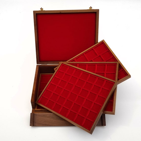 art.BAL04. ZECCHI. Prezioso Astuccio Medio con 4 Vassoi per Monete Wooden coin box with 4 trays. Coins tray case. Coin display case
