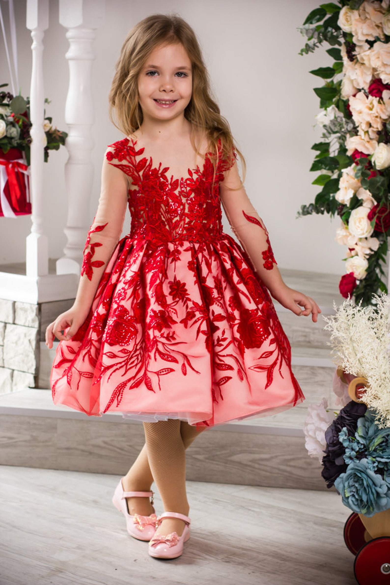 Red flower girl dress Lace flower girl dress Baby flower girl Etsy