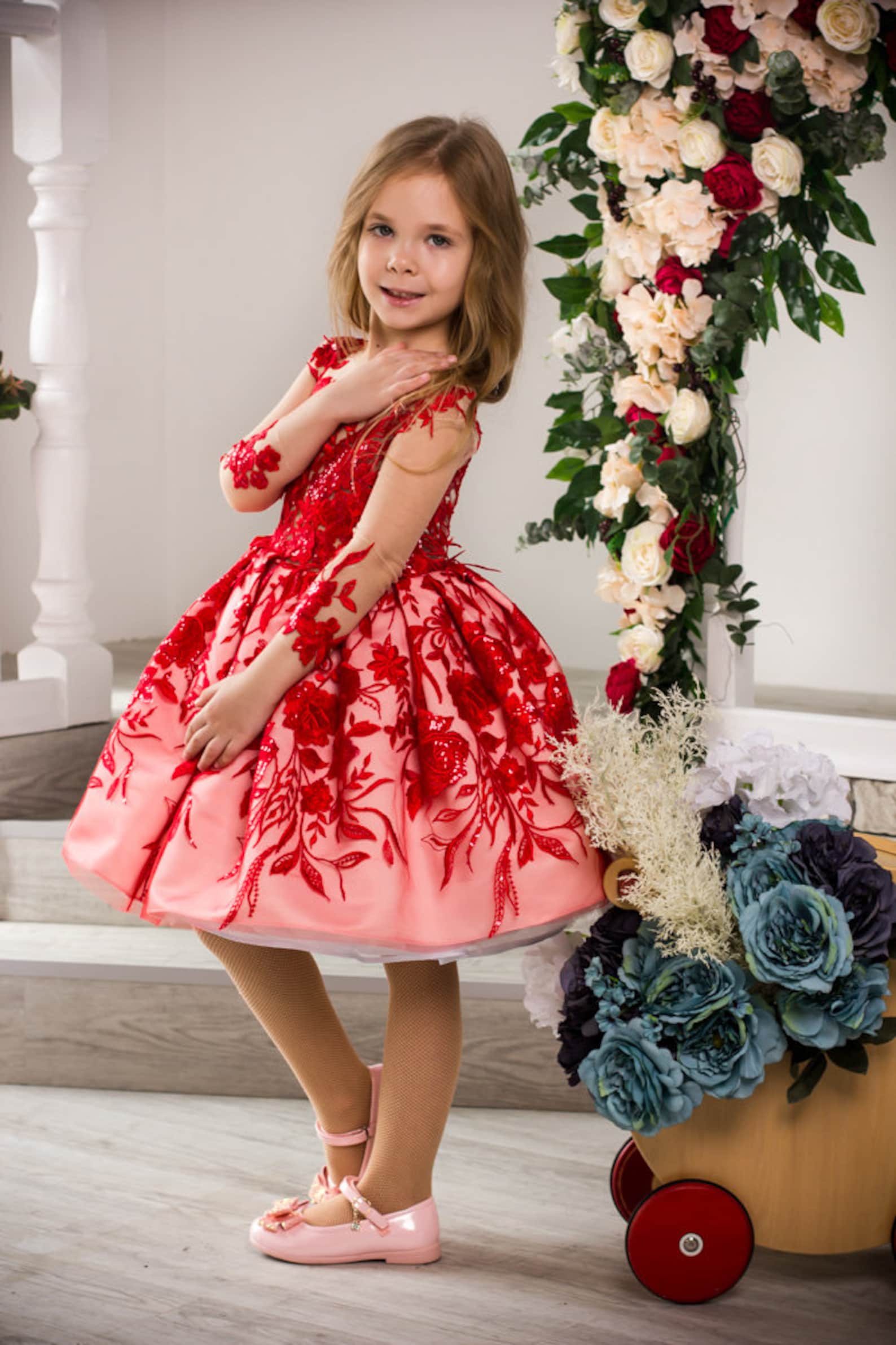 Red flower girl dress Lace flower girl dress Baby flower girl Etsy
