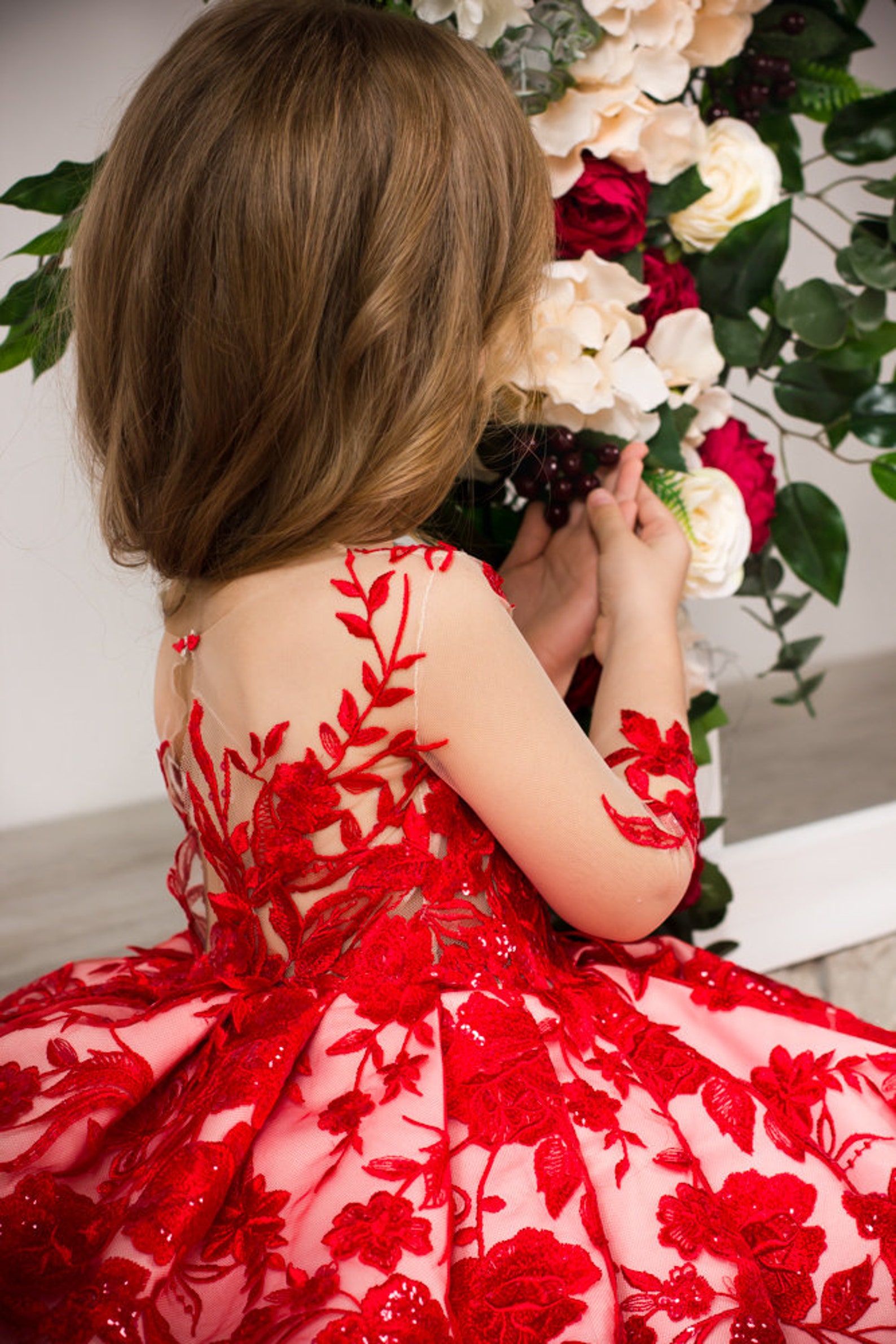 Red flower girl dress Lace flower girl dress Baby flower girl Etsy