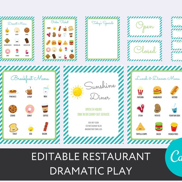 Editable Restaurant Dramatic Play Printable for Kids, Diner Digital Download, Pretend Play Instant Download, Preschool, Toddler