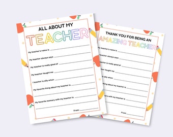 Teacher Appreciation Printable, All About My Teacher Interview, Last Day of School, End of School, Instant Download, Digital Download